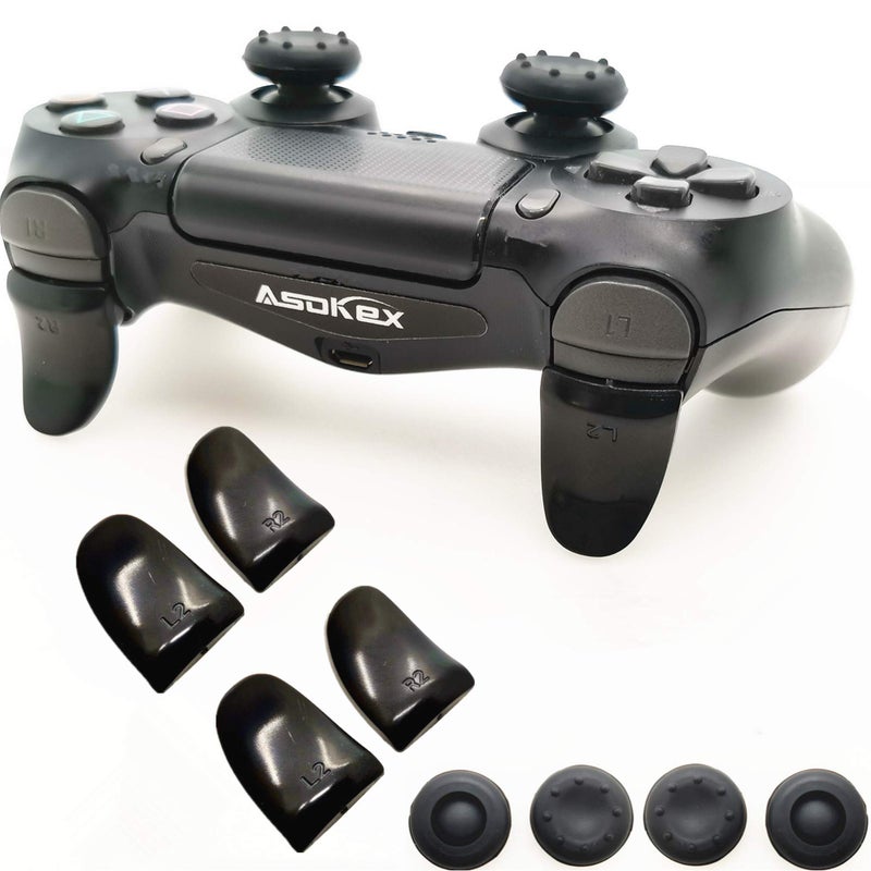 Asokex L2 R2 Ps4 Trigger Extenders (2 Pairs L2 R2 Triggers, 4pcs Joystick Cap, 2 Pairs LED Light Bar Decal) for Ps4 Controller(Black) - Image 1